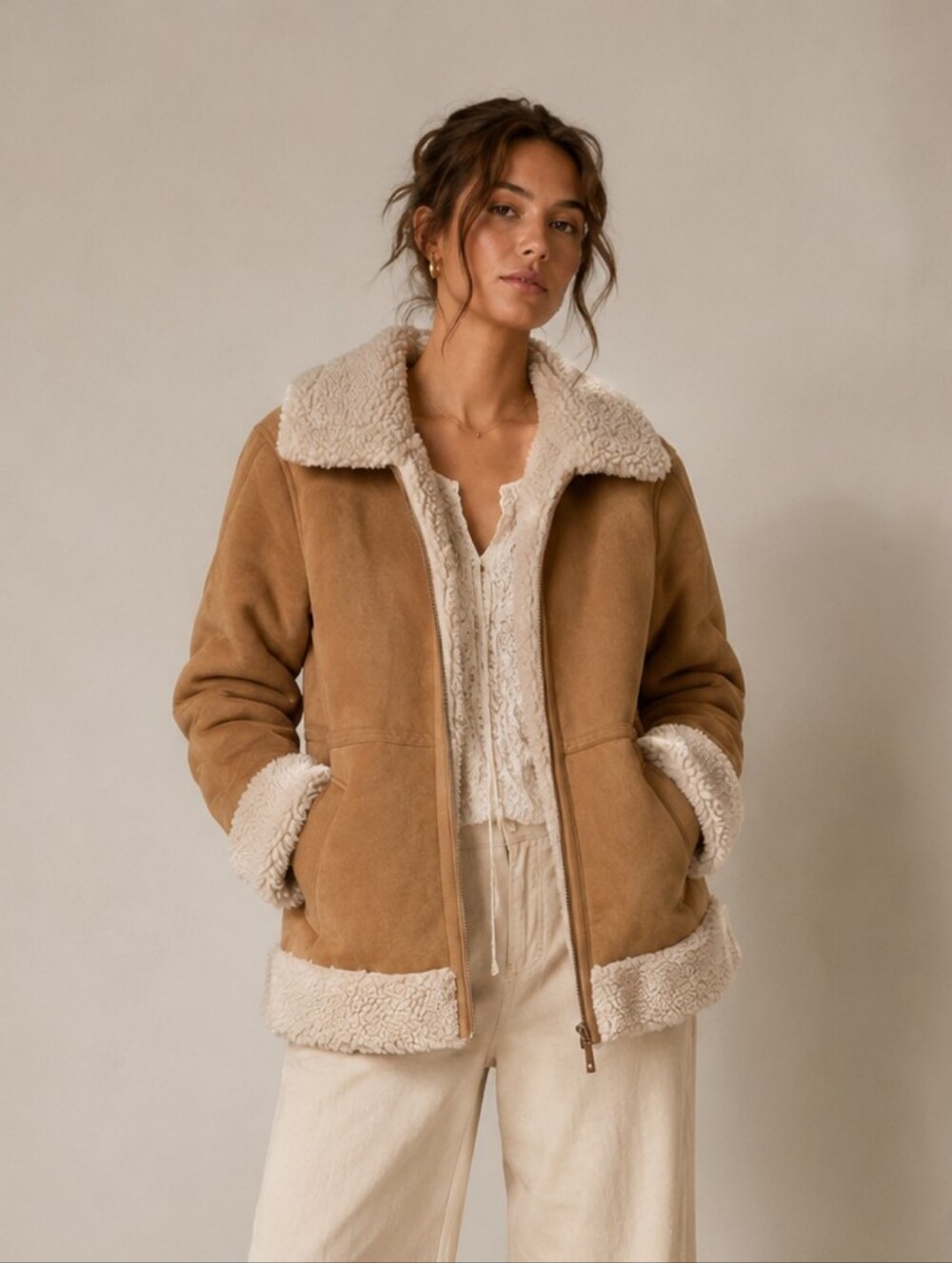 Bearpaw Camel Sherpa Suede Shearling Jacket Women's Aviator Teddy Winter Cozy L